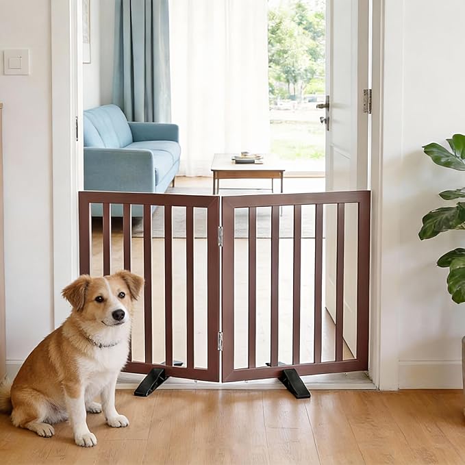 Dog Gate Indoor, Freestanding Dog Fence for The House, Doorways, Hallways,or Stairs,Pet Gate Foldable Wooden,Expandable 24" Height 2 Panels,Brown