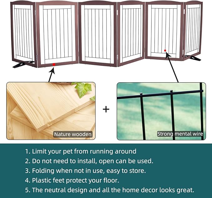 ZJSF Freestanding Dog Fence Indoor, Foldable Dog Gate for Doorways, Stairs or Hallways, Sturdy Wood Extra Wide Pet Gate with Support Feet for The House, Brown, 32 "Height-6 Panels