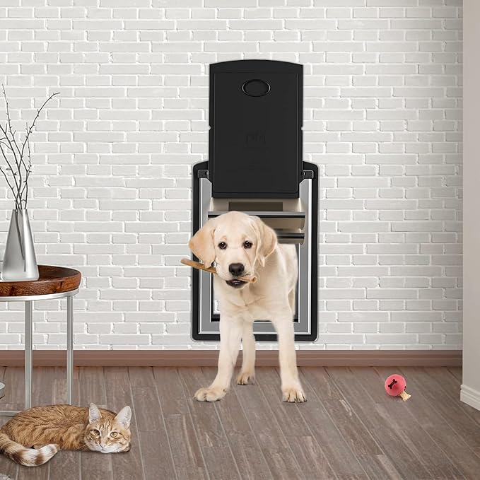 ClawJaw Dog Door for Exterior Wall, Metal Frame and Telescopic Tunnel Pet Door, Double-Sided Wind Deflector and Magnetic Flaps, Easy to Install, Black (Pets Up to 110 Lb)-Large
