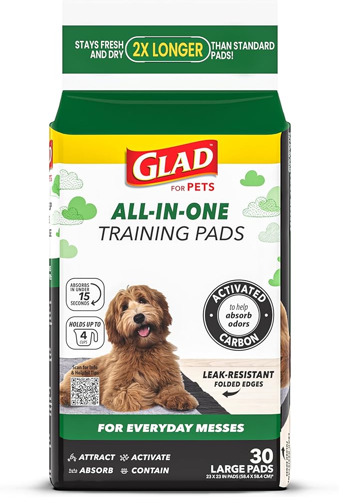 Glad for Pets Black Charcoal Puppy Pads - Super Absorbent Disposable Dog Pee Pads, Potty Training Pads, and Pet Supplies - Dog Pee Pads for Crate Training and Indoor Use 23" x 23" - 30 Count