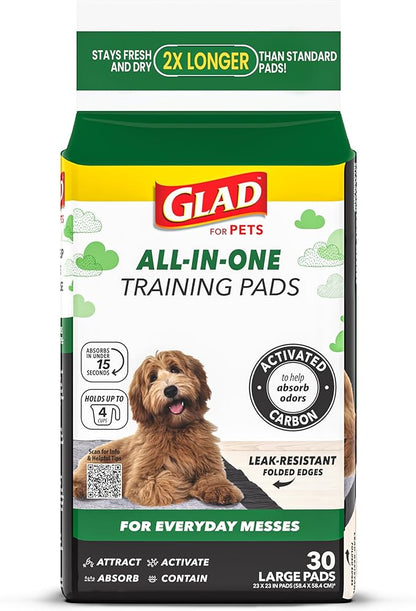 Glad for Pets Black Charcoal Puppy Pads - Super Absorbent Disposable Dog Pee Pads, Potty Training Pads, and Pet Supplies - Dog Pee Pads for Crate Training and Indoor Use 23" x 23" - 30 Count