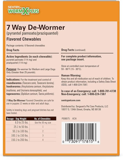 Sentry Worm X Plus 7 Way De-Wormer Chewables for Dogs - Tablets for Medium & Large Dogs (Over 25 lbs) (pyrantel pamoate/praziquantel), 6 Count