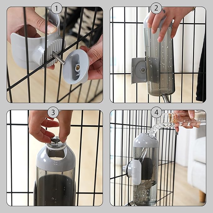 Pet Water Bottle Hanging Dog Water Dispenser Kennel Drinker Kettle Feeder BPA Free Cage Crate Hutch Puppy Cat Rabbit (24oz, Gray)