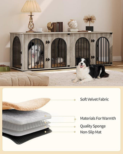 Hzuaneri 71" Dog Crate Furniture for 2 Dogs, Heavy Duty Indoor Dog Kennel TV Stand, XL Wooden Dog Cage with Divider for Medium Large Dogs, End Table Dog Crate with Cushion, Greige Black DFC81905B