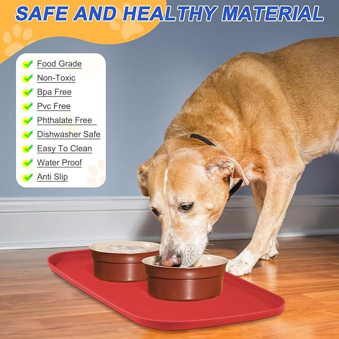 SMILOOL Silicone Pet Feeding Mat with Raised Edge for Food and Water, Dog Bowl Mats, Cat Bowls Placemat with High Lip for Floor Waterproof, Rubber Tray for Cats and Dogs 19 x 12 x0.7 Red
