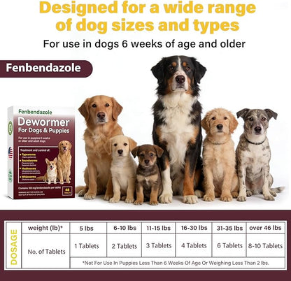 Dog Dewormer for Dogs & Puppies, Fenbendazole All Wormers Tablets for Tapeworms, Roundworms, Hookworms & Whipworms, 48 Count