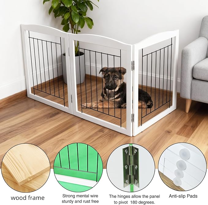 ZJSF Freestanding Foldable Dog Gate for House Extra Wide Wooden White Puppy Gate Stairs Dog Gates Doorways Tall Pet Gate 3 Panels Pet Fence