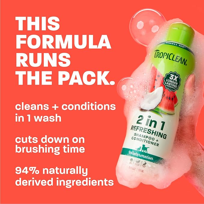 TropiClean Watermelon Refreshing 2-in-1 Cat & Dog Shampoo and Conditioner | Cat & Dog Bath Supplies | 20 oz | Made in The USA