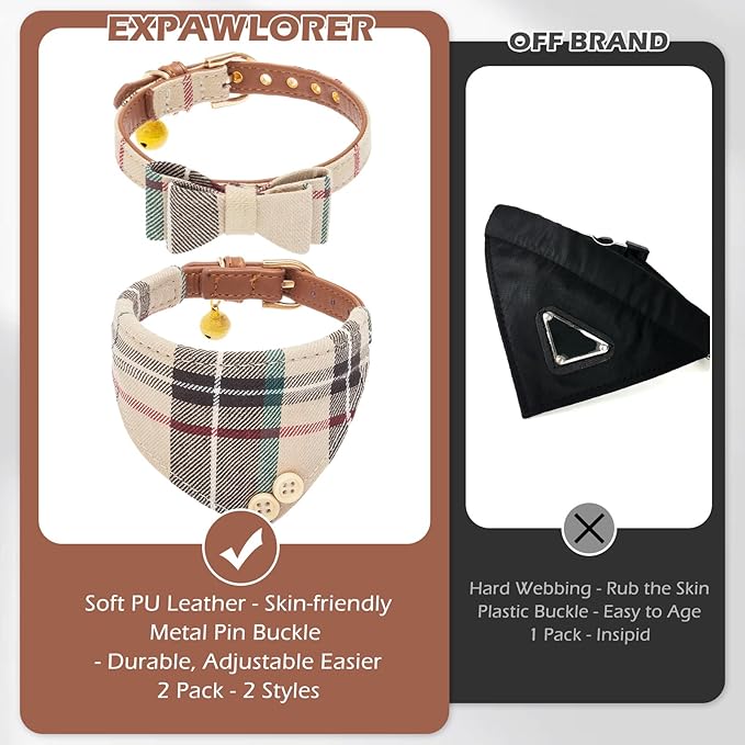 EXPAWLORER Dog Collar and Bandana Set - Classic Plaid Dog Bow Tie and Bandana Collar with PU Leather, Adjustable Collars for Small Medium Large Dogs Cats, Holiday Ideal Gift, Beige S