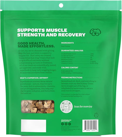 Get Joy Freeze Dried 100% Beef Kidney Dog Treats, 16oz | Single Ingredient Organ Meat, High Protein Raw Dog Food Topper, Snack & Training Rewards | Grain Free, Gluten Free, Filler Free