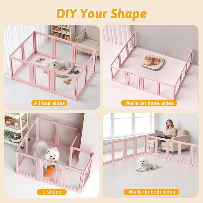 DIY Clear Acrylic Dog Playpen House,Quick Easy Assembly and Disassembly,Strong Floor Suction,Indoor and Outdoor Use,Easy Cleansing Puppy Fence (Skin Pink, 23.6" H, 10PCS)