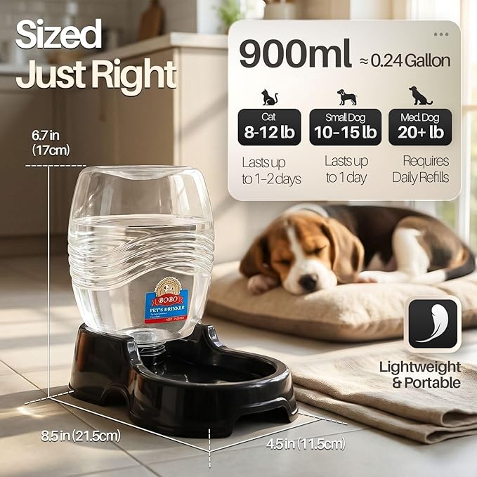 Flexzion Automatic Gravity Pet Waterer for Cat & Dog - Non-Skid & Easy-Clean Auto Replenish Water Dispenser Drinking Bowl (1/4 Gallon/ 900ml), Black