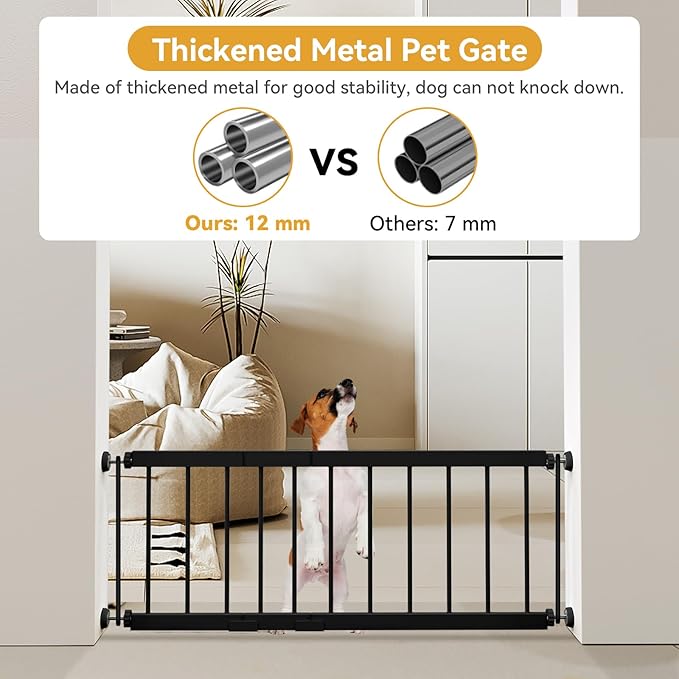 Dog Gate Indoor,18"-45" Adjustable Extra Wide Metal Short Dog Gate to Step Over, 14" Tall Small Pet Gate with 3 Extension Kits, Pressure Mounted for Doorways & Stairs Black