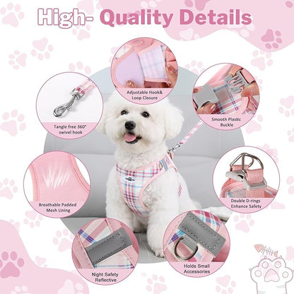 Gyuzh No Pull Dog Harness - 3-in-1 Step in Harness Collar Leash Set for Small Dog Walking & Training, Easy Walk Style, Lightweight Plaid Vest (Pink, M)