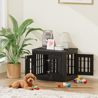 Snuowu 26" Heavy Duty Dog Crate Furniture for Small,Medium and Large Dogs,Rustic Wooden Dog Cage Kennel Indoor Furniture with Waterproof Top,Decorative Pet House Side End Table (Black)