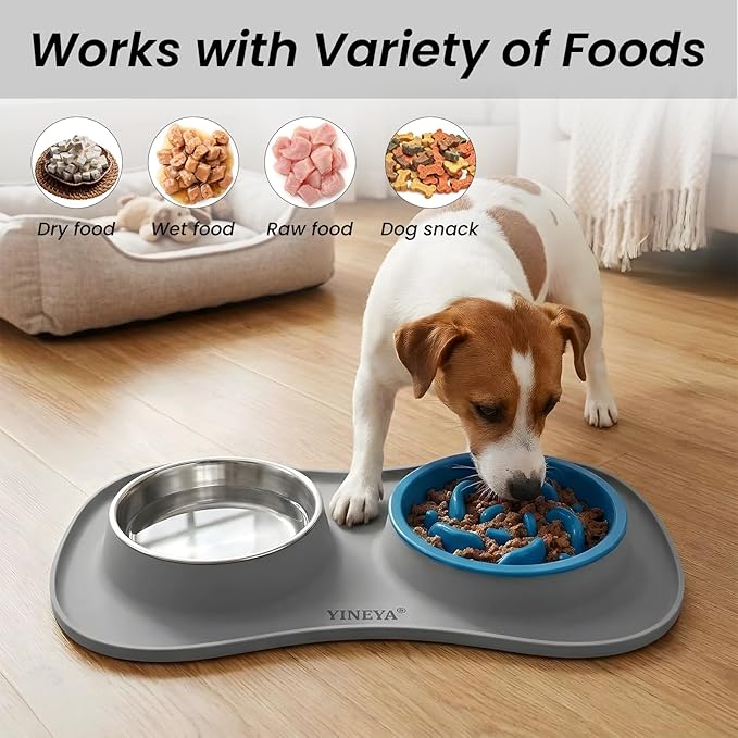 YINEYA Slow Feeder Dog Bowls Stainless Steel Food and Water Bowl Set 3 in 1 No Spill Waterproof Silicone Pet Food Mat Puppy Feeding Station for Large Medium Small Breed Non Slip Metal Dish Tray