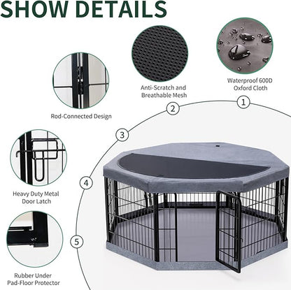 PETIME Dog Playpen,Metal Exercise Puppy Pen Heavy Duty Kennels Yard Fence Indoor/Outdoor 22" W x 24" H 8 Panels Dog Cage with Octagon Top Cover and Bottom Pad