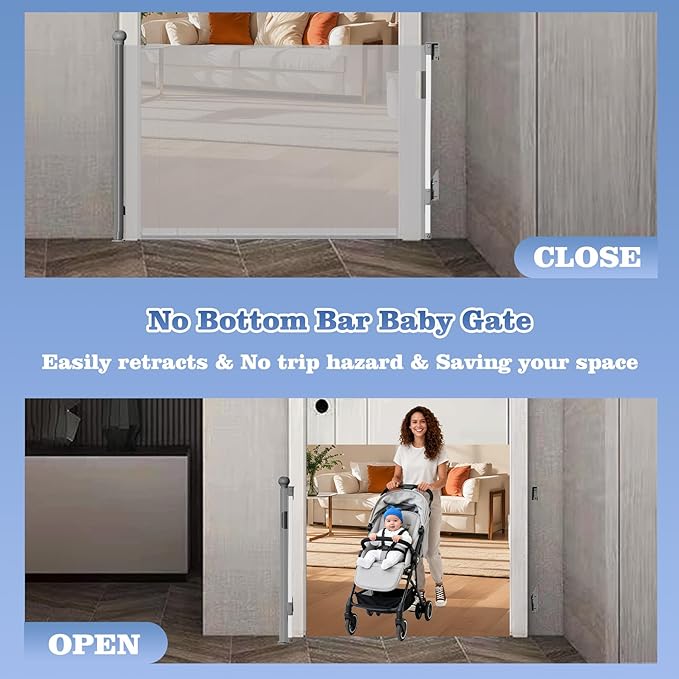 Retractable Baby Gate for Stairs Doorways - Extra Wide 55" No-Drill Pressure Mount OR Screw Mount, Space Saving Mesh Gate with No Bottom Bar Trip Hazard, for Indoor Outdoor Use with Kids, Dogs & Cats