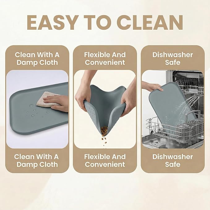 BLESWIN Non-Slip Silicone Dog Food Mat for Food and Water, 18" x 12" Raised Edge Pet Feeding Mat - Waterproof Dog Bowl Mat Easy Clean for Floor Protector,Grey
