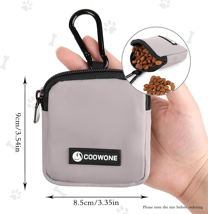 2 PCS Waterproof Small Dog Treat Bag for Leash, Hands Free Dog Walking Bag with Carabiner, Dog Poop Bag Holder for Pet Puppy Travel or Outdoor Use, Zipper Closure to Avoid Spilling
