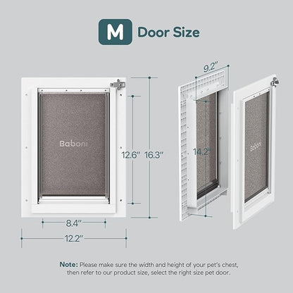 Baboni 3-Flaps Pet Door for Interior and Exterior Doors, Durable Plastic Frame and Telescoping Tunnel, Aluminum Lock/Metal Panel, Strong Magnetic Flaps, Never Rust Dog Door (Pets Up to 40 Lb) -Medium
