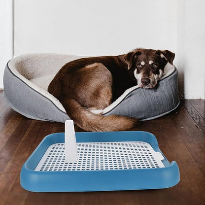 ULTECHNOVO Dog Potty Tray with Wall Post: Indoor Puppy Training Toilet Blue Plastic Mesh Grate, Pee Pad Holder for Male Dogs, Keeps Paws Dry, Portable Pet Litter Box for Apartment