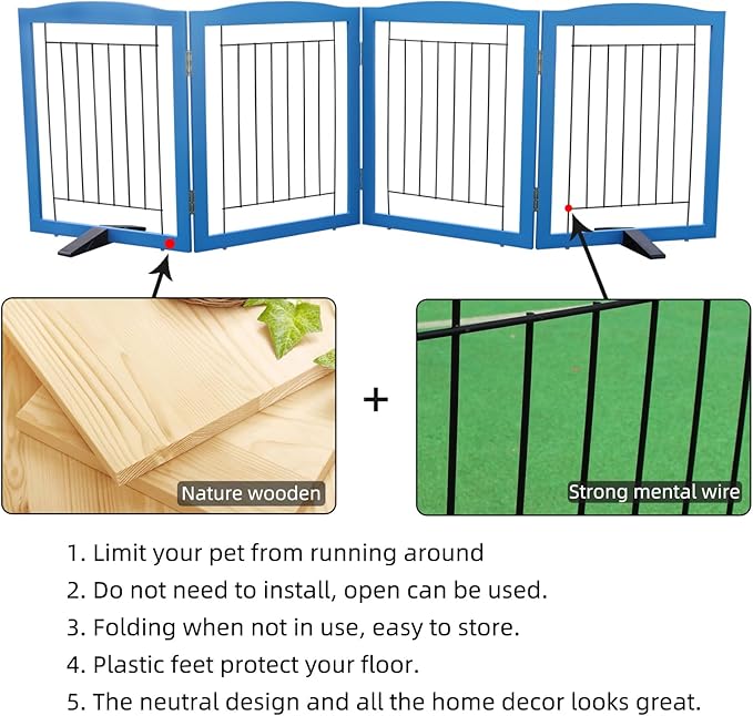 ZJSF Freestanding Dog Fence Indoor, Foldable Dog Gate for Doorways, Stairs or Hallways, Sturdy Wood Extra Wide Pet Gate with Support Feet for The House, Blue, 24 "Height-4 Panels