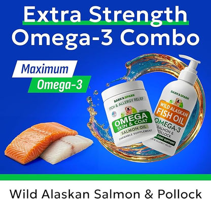 BARK&SPARK Omega 3 + Fish Oil for Dogs - Skin Allergy Chews, Itch Relief, Hot Spots Treatment - Fish Oil Liquid Supplement for Pets, EPA+DHA Fatty Acids, Skin & Coat Support - Bundle: 180 Ct + 16 Oz