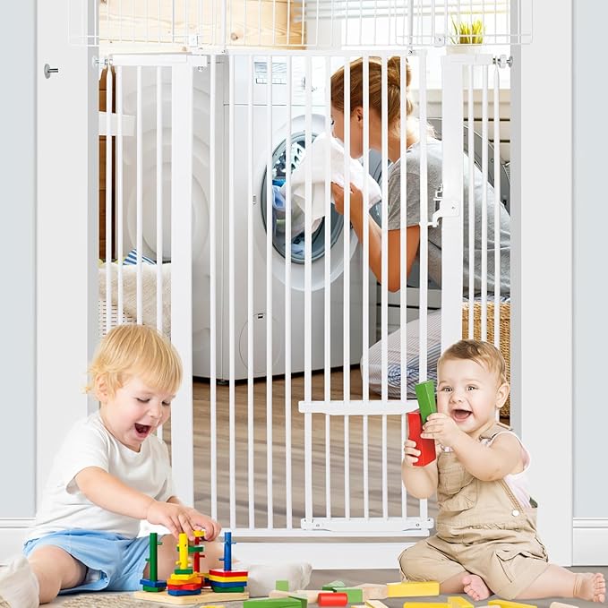 SHYUJAJIE 71 Inch Extra Tall Pet Gate with Small Cat Door, 29.55"-40.55" Adjustable Wide Dog Gate, Tall Cats Gates for Doorway, Stairs, House(White)