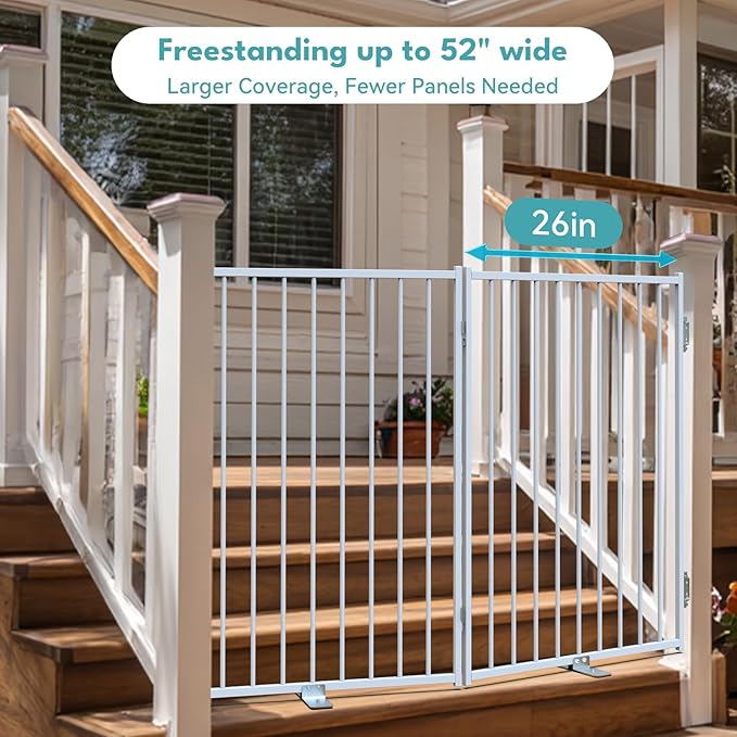 No Pawblems Free Standing Dog Gate, 36'' Tall Foldable Dog Fence for Indoor & Outdoor, Up to 52 Inch Extra Wide Puppy Gate for Stairs, Hallways, Doorways, Deck, Yard (White, 2 Panels)