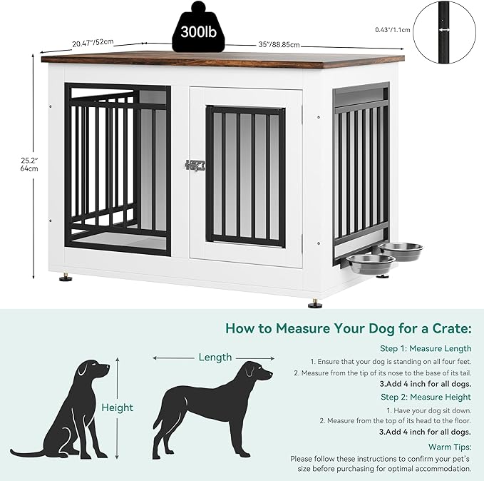 YITAHOME 35" Dog Crate Furniture, Wooden Side End Table with Adjustable Feet and Removable Bowls, Dog Kennel Indoor for Small Medium DogsV