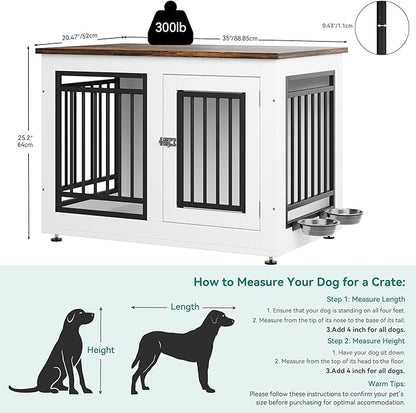 YITAHOME 35" Dog Crate Furniture, Wooden Side End Table with Adjustable Feet and Removable Bowls, Dog Kennel Indoor for Small Medium DogsV