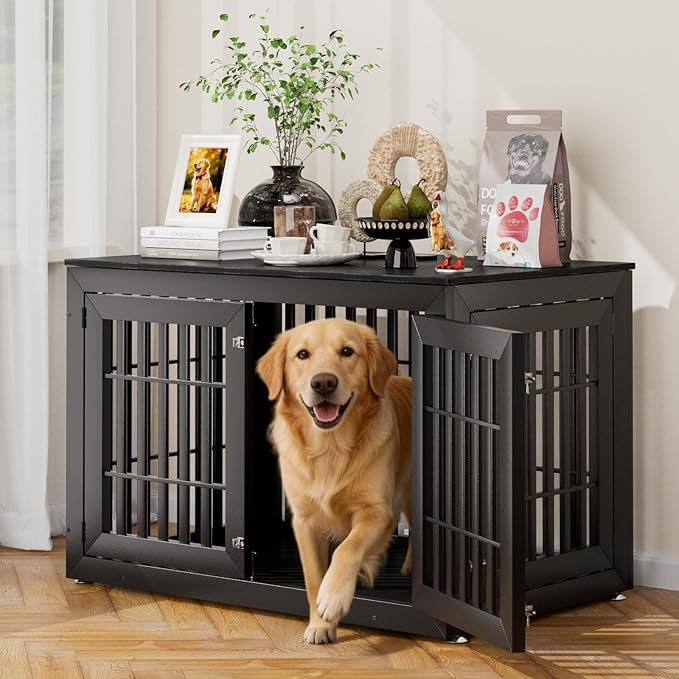 Snuowu 48" Heavy Duty Dog Crate Furniture for Small,Medium and Large Dogs,Rustic Wooden Dog Cage Kennel Indoor Furniture with Waterproof Top,Decorative Pet House Side End Table (Black)