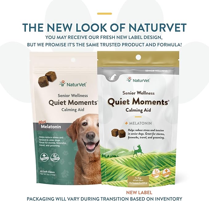 NaturVet Quiet Moments Calming Aid Dog Supplement, Helps Promote Relaxation, Reduce Stress, Storm Anxiety, Motion Sickness for Dogs (Quiet Moments Senior Wellness, 65 Soft Chews)
