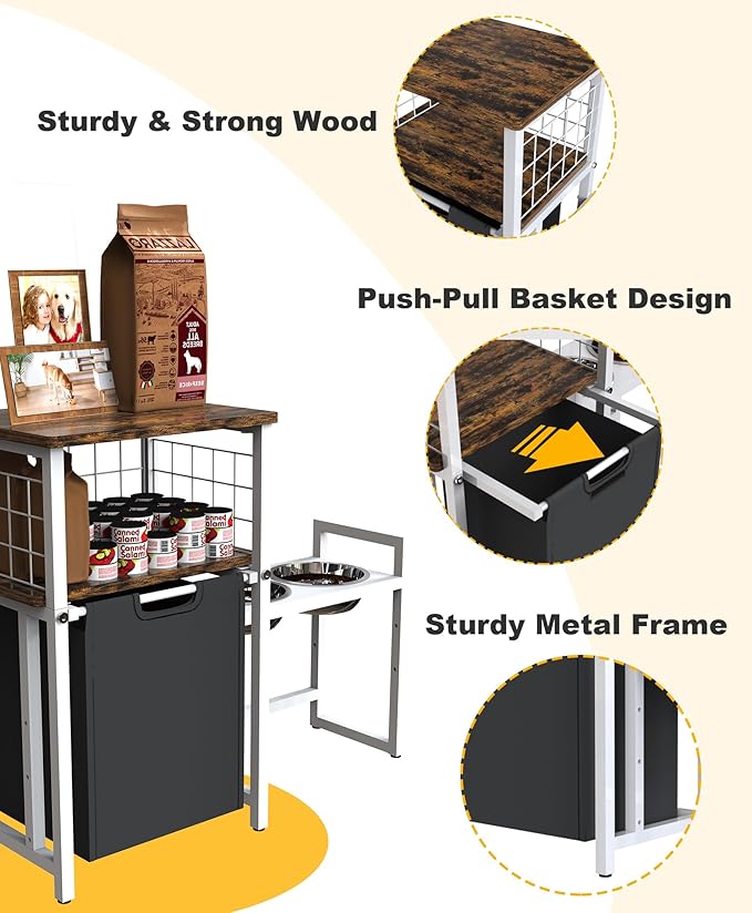 30.6Long x 26.2 High Elevated Dog Bowl Stand with Pet Food Storage Organizer, Adjustable Raised Feeding Station with Toy Basket for Large Medium Small Dogs and Cats, White