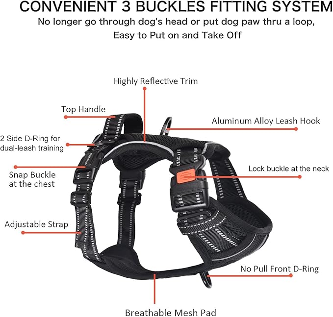 Petmolico Medium Dog Harness and Leash Set, No Choke 4 Leash Attachments Easy Control Handle Soft Padded Reflective Vest for Medium Dogs, Black