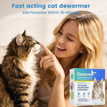 Broad-Spectrum Dewormer for Cats and Kittens,Cat Dewormer for All wormers(Praziquantel, Pyrantel Pamoate) for Hookworms, Tapeworms & Roundworms, 60 Tablets