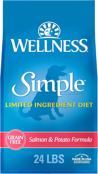 Wellness Simple Limited Ingredient Adult Dry Dog Food, Grain Free Kibble, Sensitive Stomach, Skin & Coat Support, Natural, Chicken Free, Salmon and Potato Recipe, 24 lb Bag