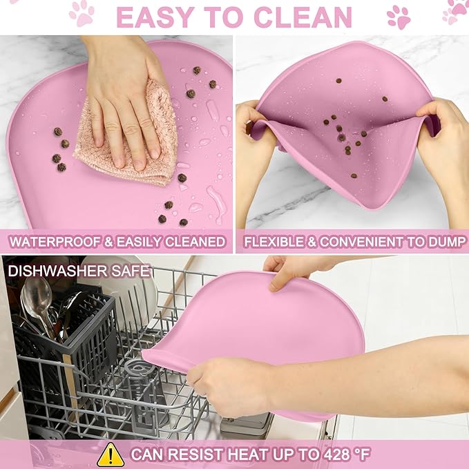 Smilool Small Silicone Pet Food Mat with Raised Edge for Food and Water Bowl, Square Dog Feeding Mats, Cat Food Trays for Floor Waterproof, Rubber Tray for Dogs and Cats, 12 x 12 x 0.7 Pink