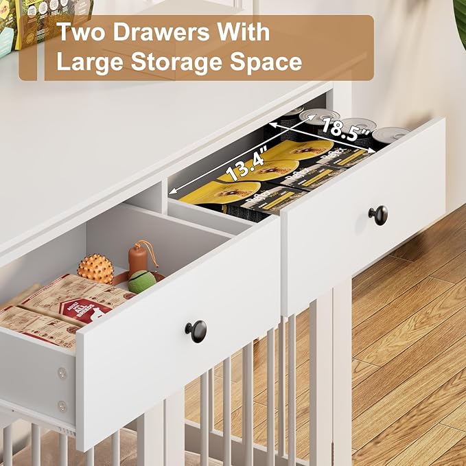 PUKAMI 44inch Large Dog Crate Furniture with Drawers, Wooden Dog Kennel Furniture for Indoor use, White End Table Dog House, for Small/Medium/Large Dog