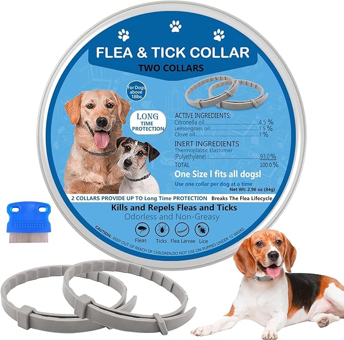 Flea Collar for Dogs, 2 Pack Collar for Dogs, 12 Months Protection, Waterproof, Adjustable One Size Fits All, Grey