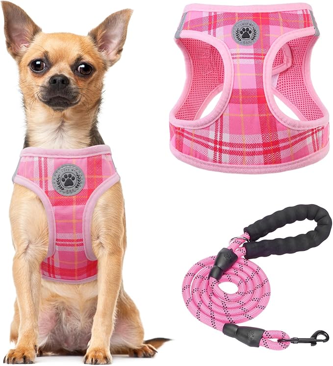 BEAUTYZOO Small Dog Harness and Leash Set, Step in No Choke No Pull Soft Mesh Dog Harnesses Reflective for Small Medium Puppy Dogs and Cats, Plaid Dog Vest Harness for S M Pets, Light Pink S