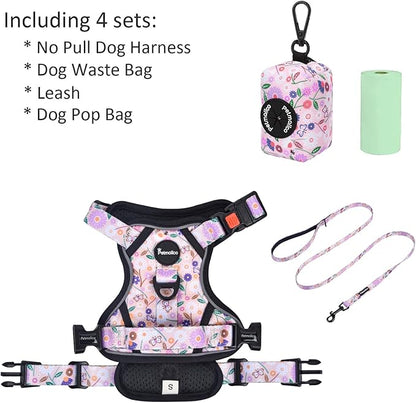 Petmolico No Pull Dog Harness Set with Leash Attachment Easy Control Handle Reflective Harness Vest Small Breed, Puppy Vest and Leash Set with Poop Bag Holder, Small - Pink Flowers