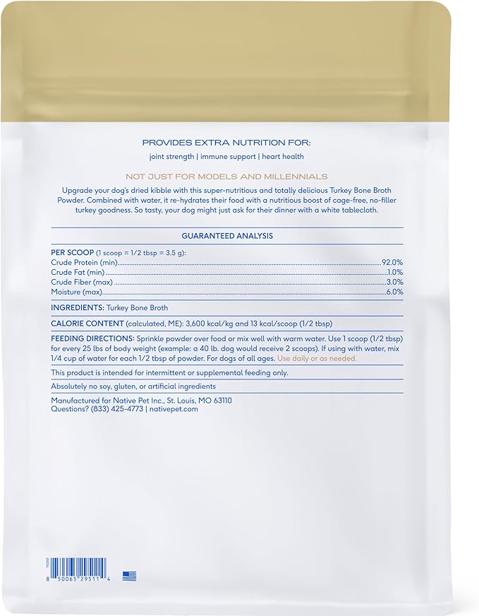 Native Pet Bone Broth for Dogs and Cats - Turkey Bone Broth Powder Dog Food Toppers for Picky Eaters - Provides Extra Nutrition for Joint Strength, Immune Support & Heart Health - 192 Scoops