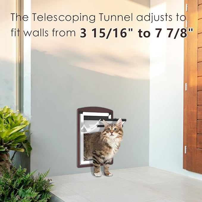 Cat Door for Wall, Cat Door for Interior and Exterior Wall, Pet Door with Double Magnetic Flaps, Double Lock Panels, Steel Frame and Telescoping Tunnel, Small, Coffee Color
