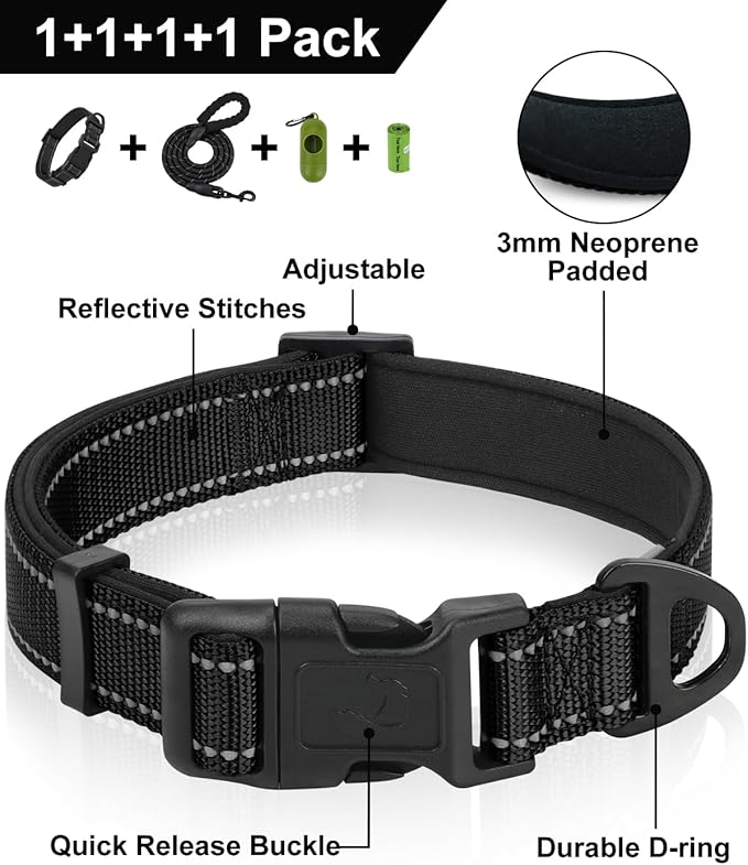 Dynmeow Reflective Dog Collar and Leash Set, 6FT Strong Climbing Rope Leash with Padded Handle, Adjustable Pet Collar with Soft Neoprene Padding for Medium Large Dogs, Black, M
