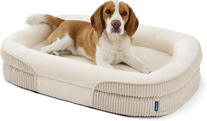 Bedsure Orthopedic Dog Beds Large Sized Dog - 360° Oval Bolster Large Dogs Bed for Senior Dogs with Waterproof Washable Cover, Big Comfort Pet Sofa Couch with Ultra-Soft Fleece, Beige, 35"
