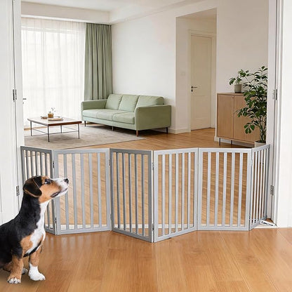 ZJSF Freestanding Indoor Dog Gate for House Foldable Wood Puppy Gate for Doorways Pet Gate for Stairs Extra Wide Pet Fence, Grey, 32" Height 6 Panels