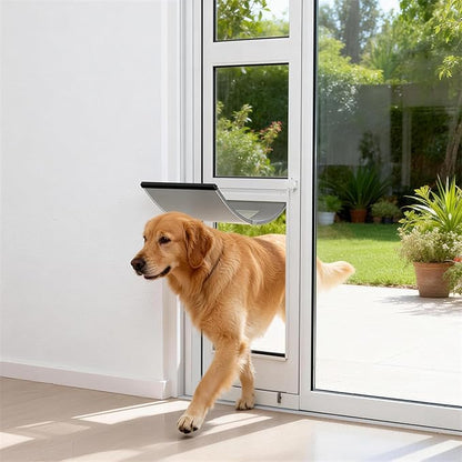 Dog Door for Sliding Glass Door with Magnetic Flat, Installed on Either Left or Right Side，Sliding Door Pet Doggie Door Insert with Lock, Adjustable Height No-Cut Required Doggy Door