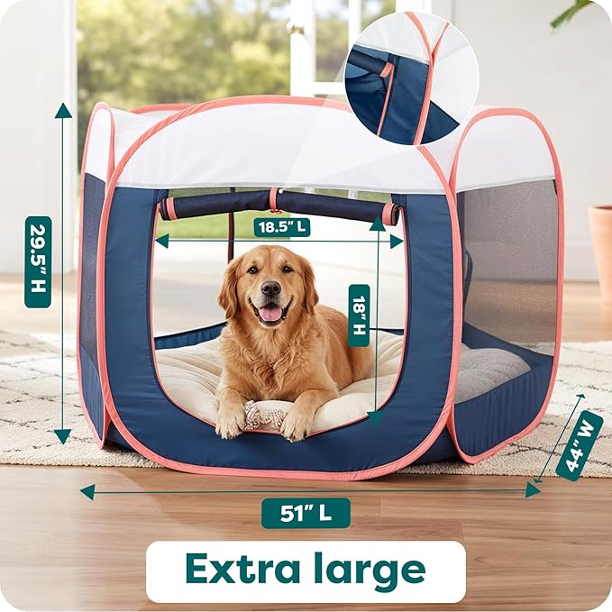 FurHaven Portable Pet Playpen for Dogs & Cats, Extra Large Indoor Kitten Playpen with Mesh Sides, Foldable Dog Playpen for Large Dogs, Pop Up Travel Dog Pen, X-Large, Pet Crate with Mesh Sides, Navy